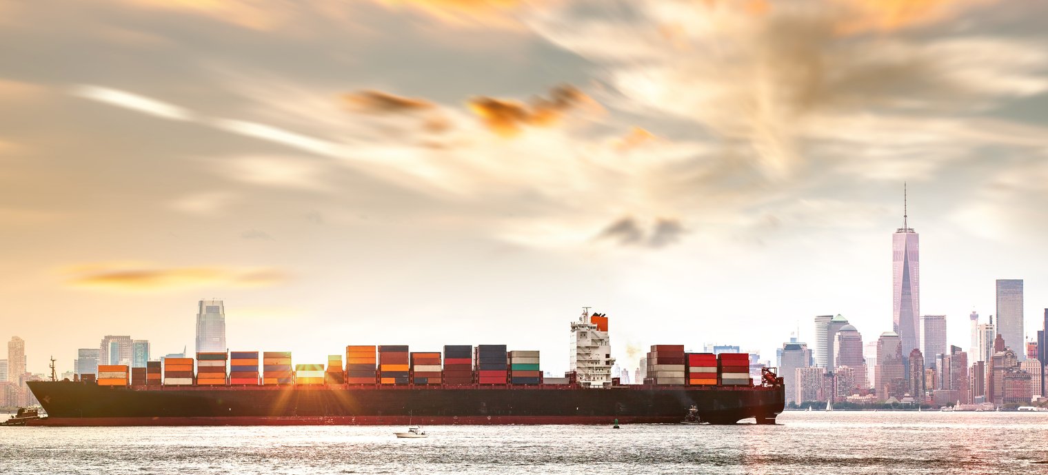 Container ship travelling out of New York City harbour