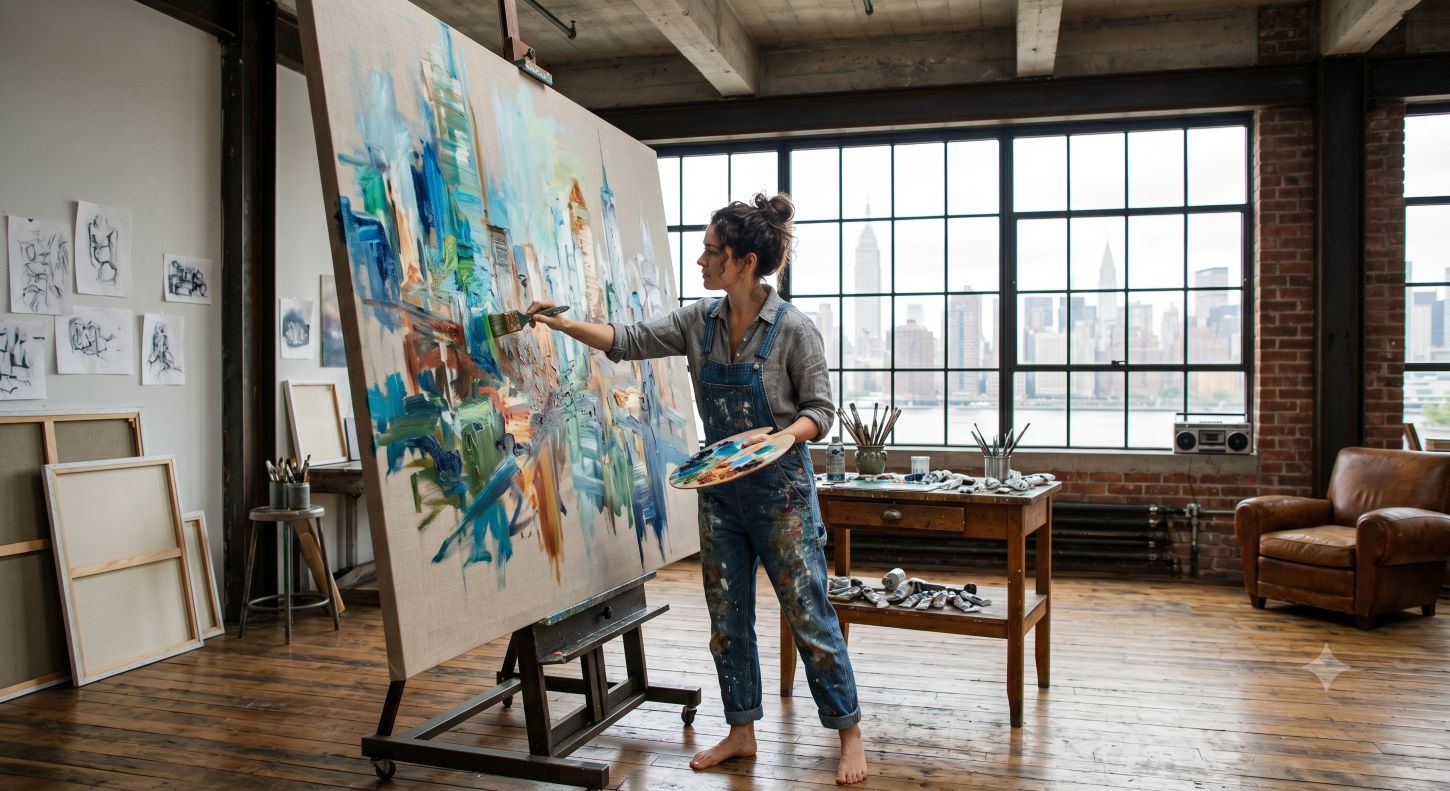 female artist painting on a large canvas